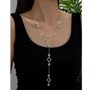 Dainty Gold Tone Faux Pearl Flower clover Long Necklace